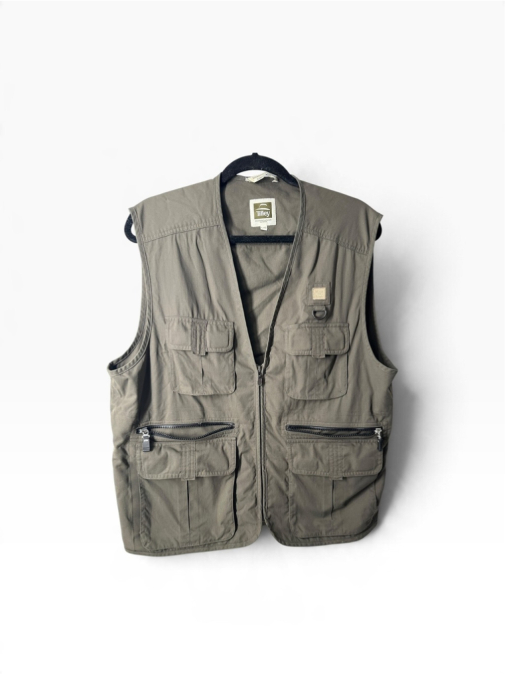 Tilley Vest Mens Large Green Nylon Travel Fishing Outdoor Utility Pockets